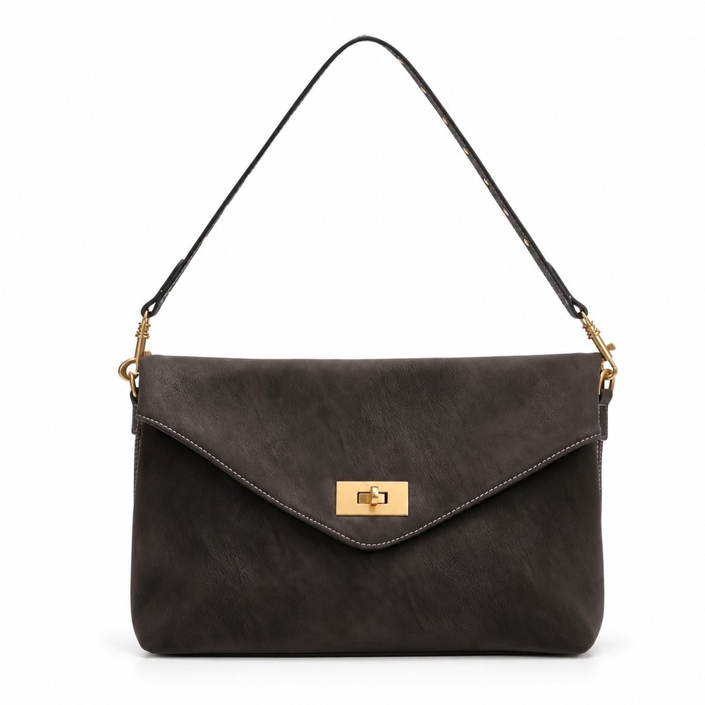 Cefiro Dark Grey Brown Envelope Shoulder Bag Gold Turn Lock Crossbody Faux Suede